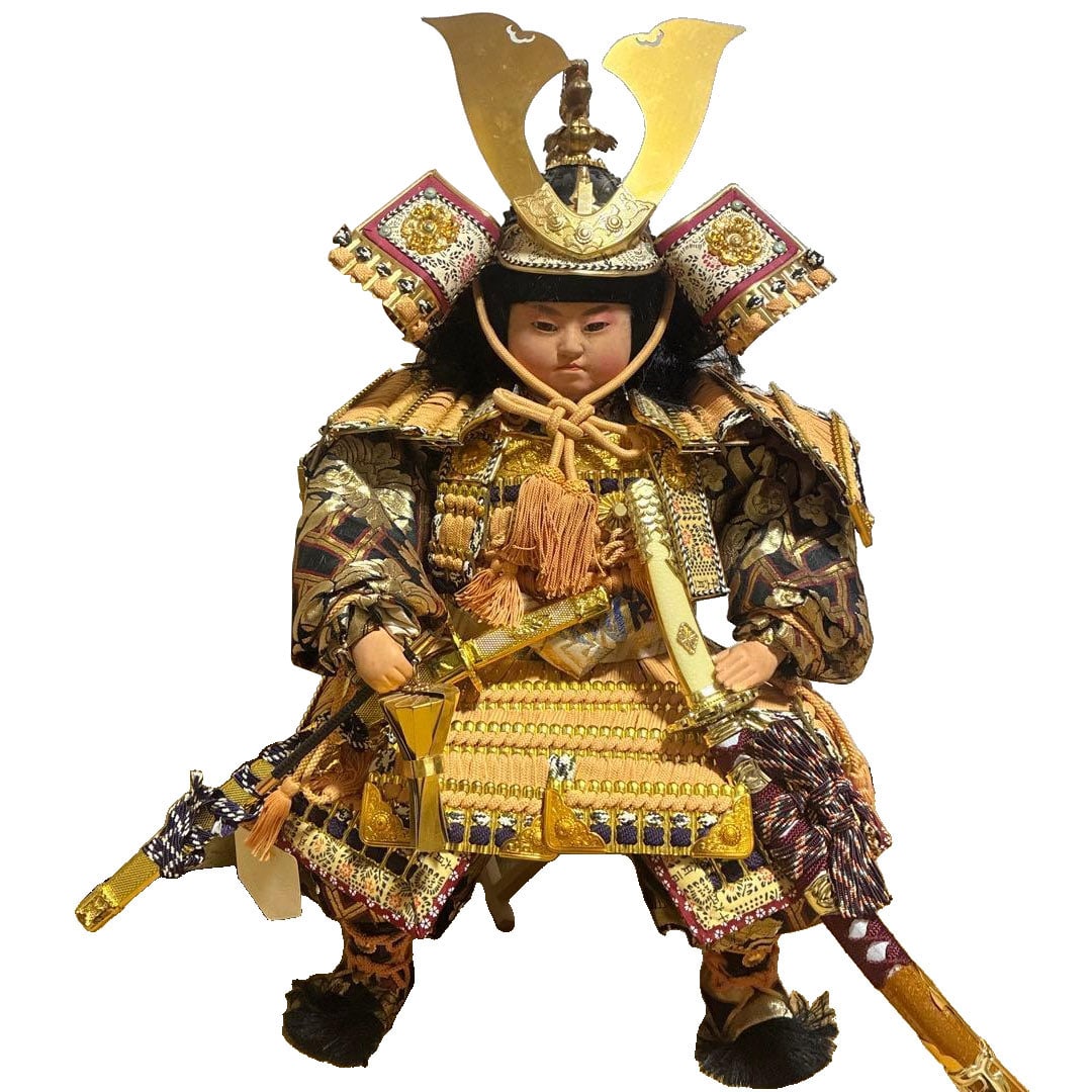 Traditional Samurai Armor and Helmet: Traditional Samurai Armor and Helmet This is a decorative children's samurai piece by Shiho, featuring armor and a helmet. The item is a traditional Japanese Boys' Day doll display, depicting a young 