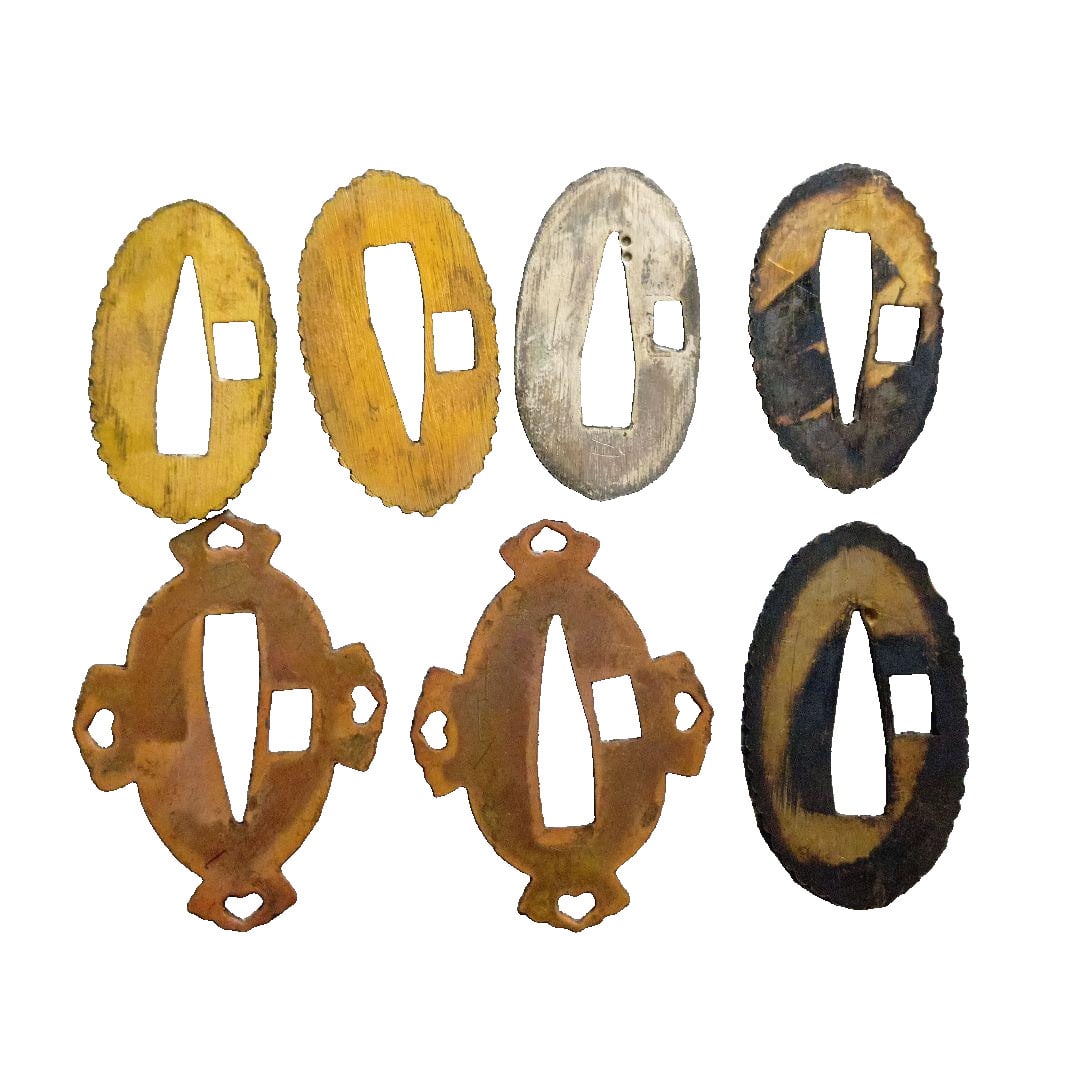 Japanese Sword Fittings: Set of 7 Seppa: Japanese Sword Fittings: Set of 7 Seppa This is a set of 7 seppa, fittings for a Japanese sword. Due to its age, there are signs of dirt, discoloration, and rust. The specific period and school are
