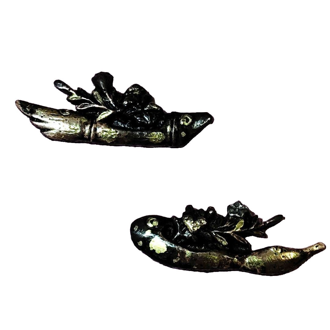 Sword Fittings: Shakudo Base with Gold Inlay, Polychrome Floral Design, Antique: Sword Fittings, Menuki, Shakudo Base, Gold Inlay, Colored Painting, Grass and Flower Design, Antique. Thickness 3.2mm.