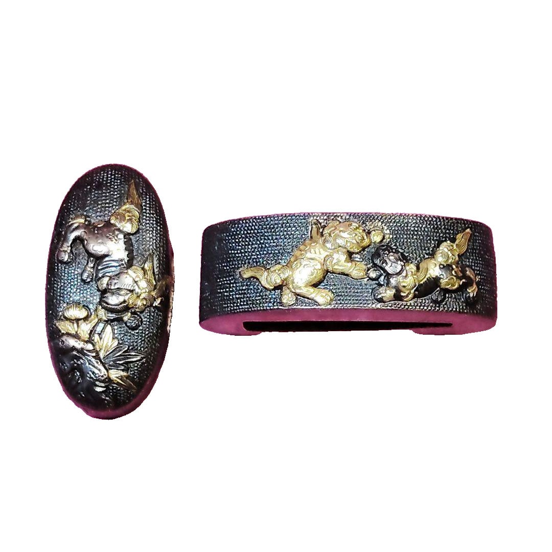 Sword Fittings: Fuchi Kashira, Shakudo Base, Nanako Ground, Parent and Child Lion Motif, Gold Inlay,: Sword Fittings: Kashira, Shakudo Base, Nanakoji, Parent and Child Lion Motif, Gold Inlay, Polychrome Decoration Kashira with shakudo base, nanakoji, featuring a parent and child lion motif with gold i