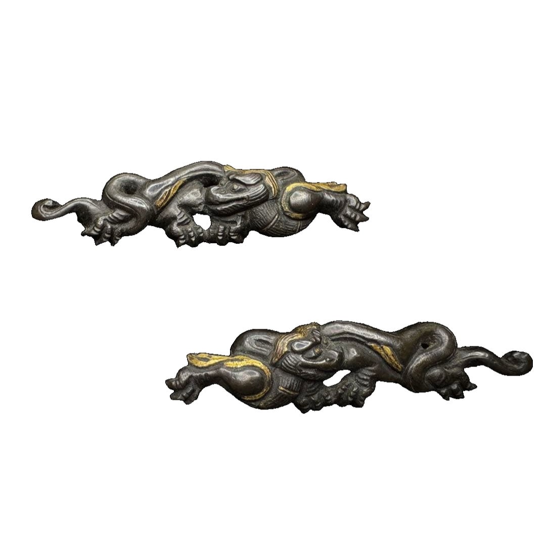 Shakudo Menuki with Rain Dragon Design, Unsigned, Japanese Sword Fittings, Antique, Asian Art, Edo: Shakudo Menuki with Rain Dragon Design, Unsigned, Japanese Sword Fittings, Antique, Asian Art, Edo Period