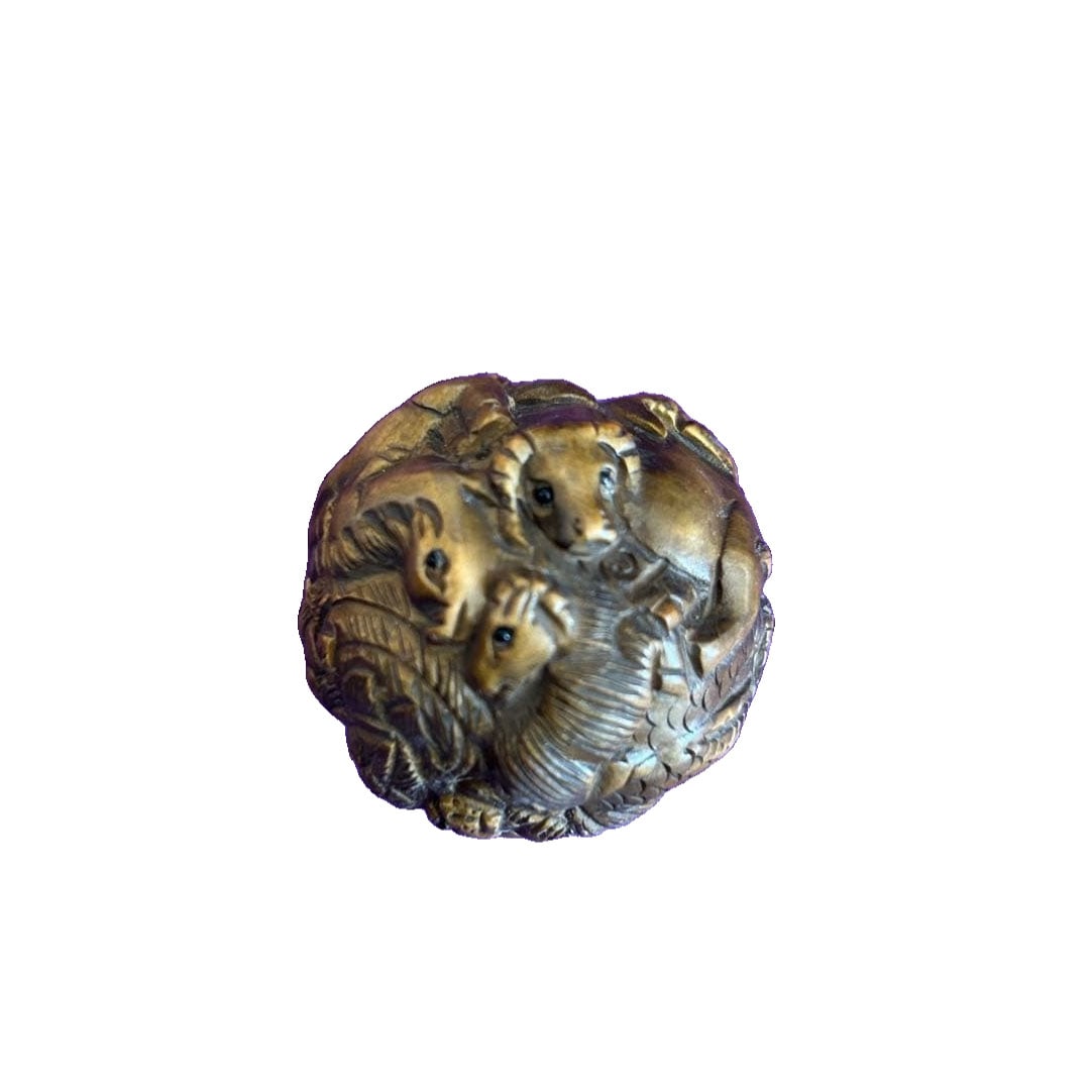 Engraved Netsuke: Twelve Zodiac Spherical Carving Ornament, Japanese Netsuke (1 of 7)