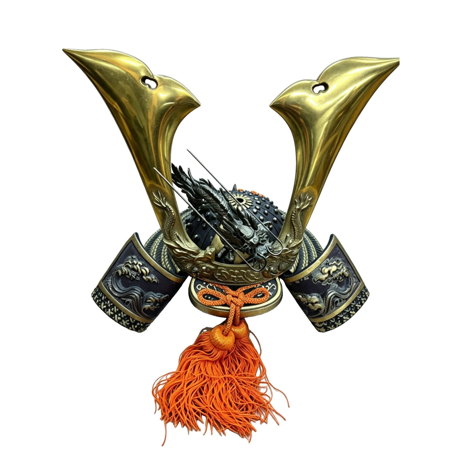 Traditional Japanese Armor Decorations: Traditional Japanese Armor Ornament This is an ornament from traditional Japanese armor, featuring components adorned with gold decorations. The materials are a combination of metal and fabric,