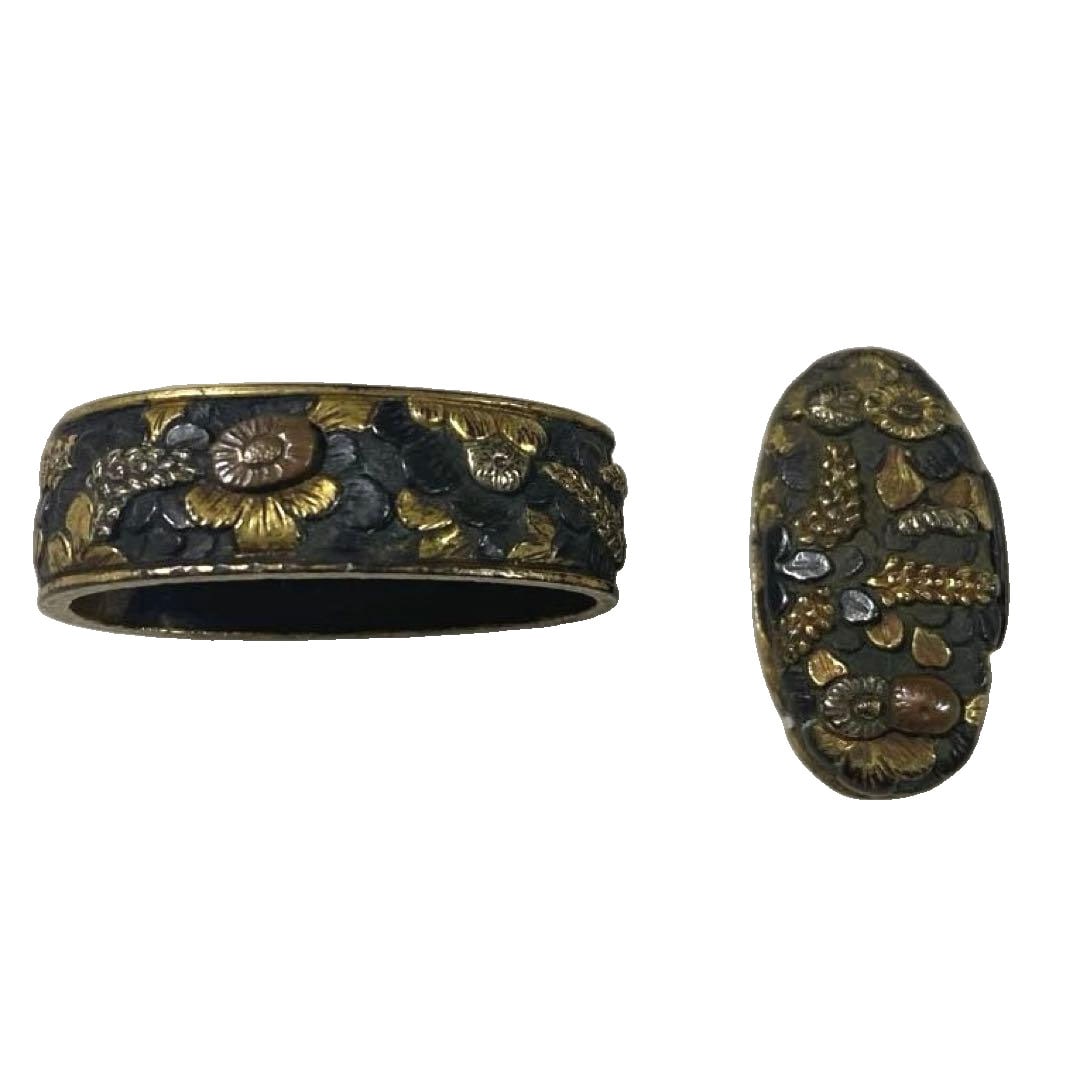 Fittings: Gold and Silver Inlay, Arms and Armor, Sword Mountings, Decorative Items, Fine Art,: This is a set of Japanese sword fittings, presumed to be made of copper, consisting of a fuchi and kashira. Both are inlaid with gold and silver. The fuchi has a thickness of approximately 1