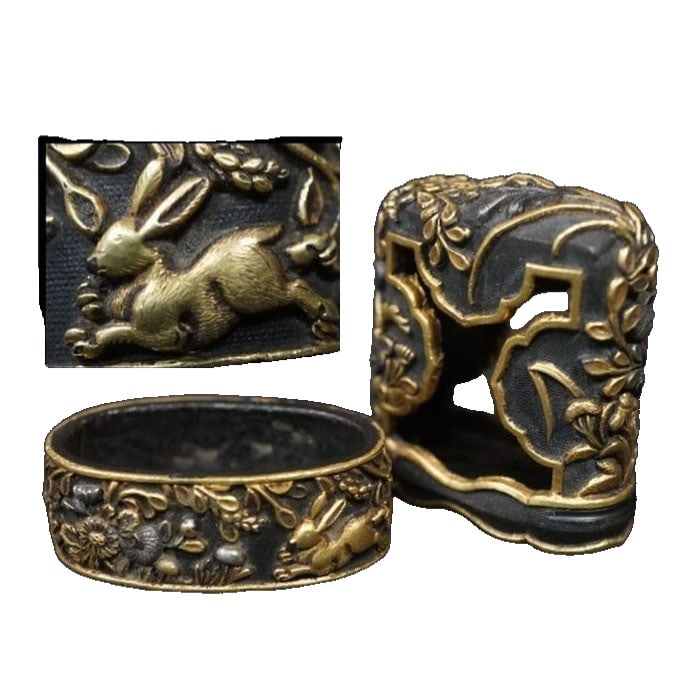 Armor and Sword Fittings, Carved Gold, Rabbit, Gold and Silver Inlay, Japanese Antique, Japanese: Armor and Sword Fittings, Carved Gold Rabbit, Gold and Silver Inlay, Japanese Antique, Japanese Sword, Tachi This is a Japanese antique sword fitting, made of gold and silver inlay, featuring a