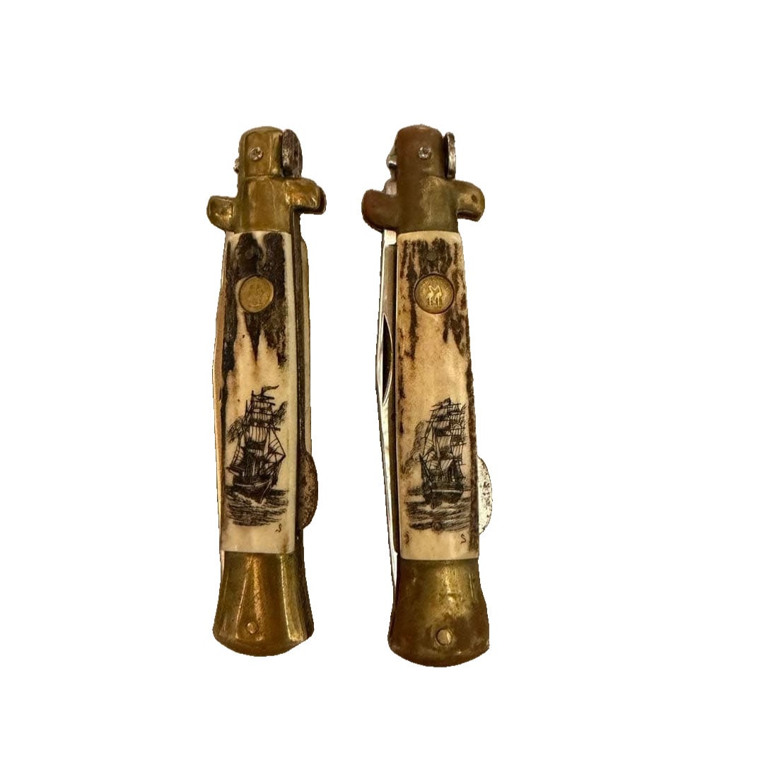 Set of 2 Vintage Knives: Set of Two Vintage Knives A set of two knives by KISSING CRANE, purchased over 30 years ago in Hawaii. The handles are adorned with a sailboat motif, which is exceedingly rare. As these items are