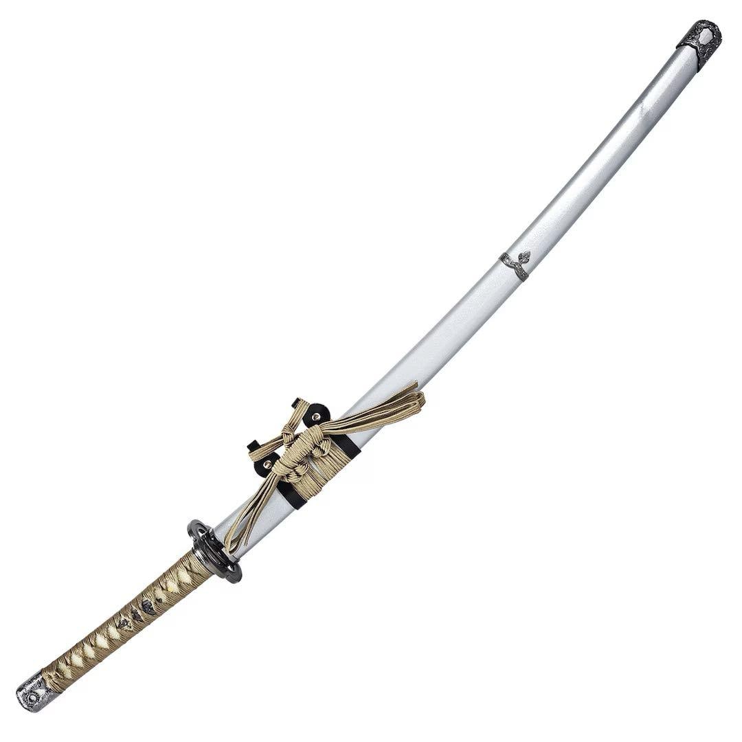 Reproduction Sword, New Swordsmith Series, Tsuru Maru Kuninaga Koshirae: Replica Sword - New Swordsmith Series Tsurumaru Kuninaga Koshirae Replica sword from the New Swordsmith Series Tsurumaru Kuninaga Koshirae. The blade is made of zinc alloy (chrome-plated), featuring a