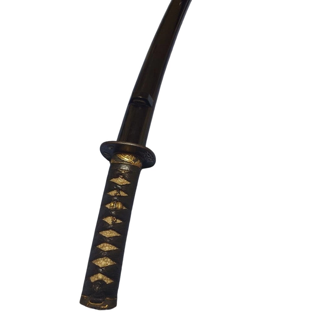 Japanese Sword Mountings: Tsuba, Fuchi-Kashira, Samekawa-Maki Tsuka: Japanese Sword Mounting with Tsuba, Fuchi-Kashira, and Samekawa-Maki Tsuka This is an ancient Japanese sword mounting featuring a tsuba with a butterfly motif and fuchi-kashira with a carved gold bamb