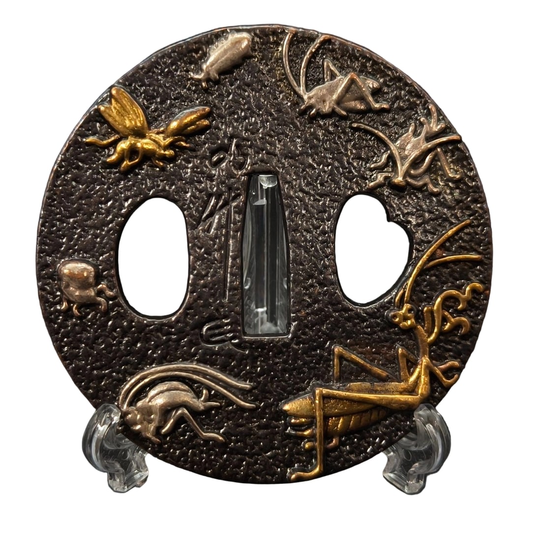 Tsuba with Hundred Insects Design, Copper Base, Fine Craftsmanship, Tsuba, Sword Art, Martial Arts: Tsuba with Hundred Insects Design, Copper Base, Fine Workmanship, Tsuba, Sword Art, Martial Arts Equipment, Japanese Sword Fittings Material: Copper. Dimensions: Approximately 74/73/4 mm. Weight: Appr