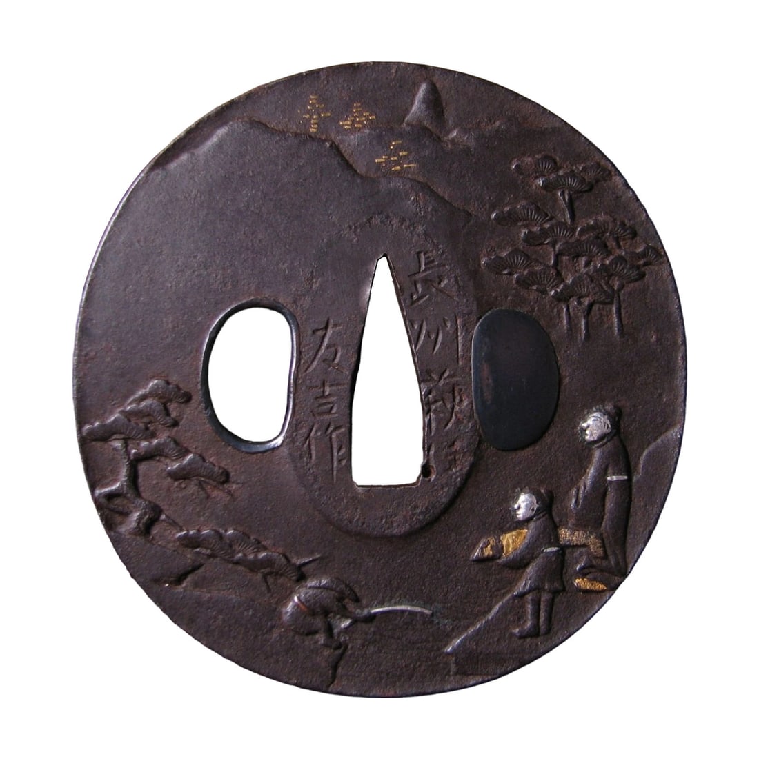 Period Armor: Large Iron Tsuba, Choshu Hagi, by Tomoyoshi. Landscape Scene, Shakudo Inlay. (1 of 10)