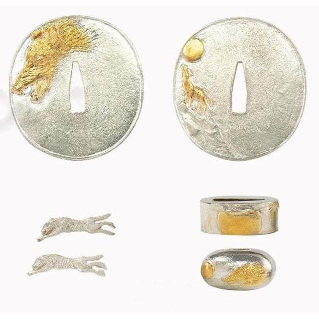 Set of Japanese Sword Fittings Modern Item Martial Arts Equipment: Japanese Sword Fittings Set Modern Item Martial Arts Equipment Material: Copper with silver plating. Suitable dimensions: For katana and wakizashi with a blade width of 3.2 cm and a blade thickness of