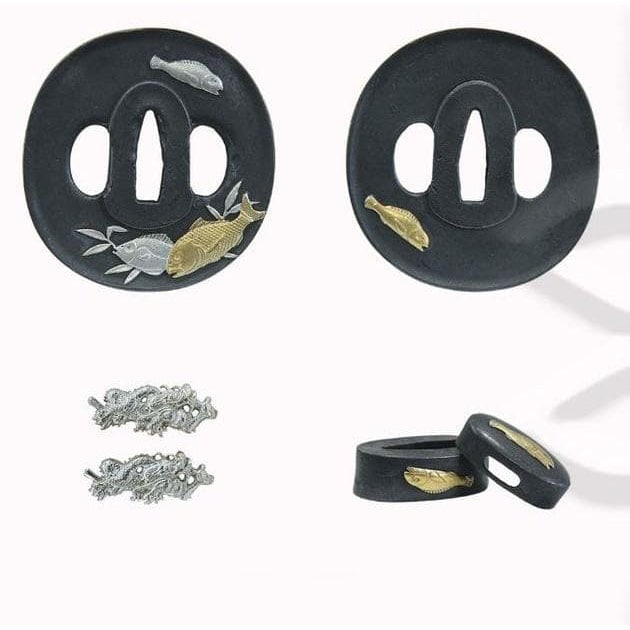 Japanese sword fittings: Tsuba, Kozuka, and Kashira set. Sword and blade art. Modern piece.: Japanese Sword Fittings: Tsuba, Kozuka, and Kashira Set for Swords and Sword Art, Modern Piece Material: Silver-plated copper. Corresponding dimensions: For a katana and wakizashi with a blade width o
