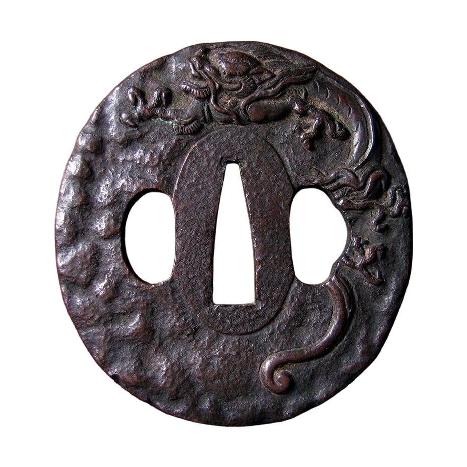 Period Armor: Bronze Tsuba with Dragon Motif, Accompanied by a Paulownia Wood Box, Late Edo to Meiji (1 of 9)