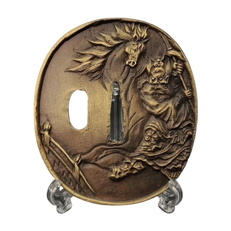 Tsuba depicting Zhong Kui, made of alloy, modern piece.: Tsuba with Shoki Design, Alloy, Modern Piece Material: Alloy, Weight: Approximately 117 grams, Thickness: Approximately 5 millimeters. The item is solely the tsuba; the sword stand is used for photogr