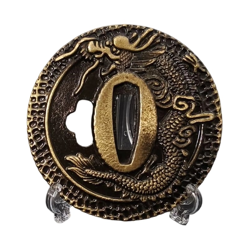 Tsuba with Water Dragon Design, Alloy, Modern Piece. Tsuba, Sword Guard, Japanese Sword Fittings.: Tsuba with Water Dragon Design, Alloy, Modern Piece Material: Alloy. Weight: Approximately 116 grams. Thickness: Approximately 6 millimeters. The item is only the tsuba; the sword stand is for photogr
