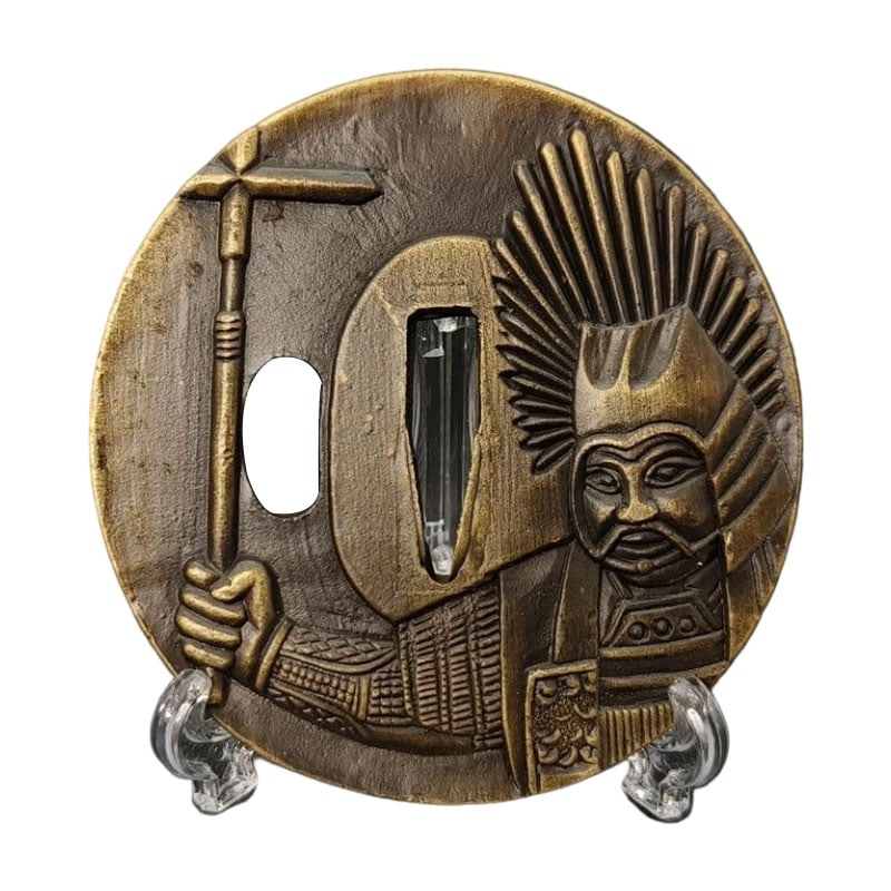 Tsuba with Warrior Motif, Alloy, Modern Piece. Tsuba, Sword Guard, Japanese Sword Fittings.: Tsuba with Warrior Motif, Alloy, Modern Piece Material: Alloy, Weight: Approximately 107 grams, Thickness: Approximately 4 millimeters. The item is only the tsuba; the sword stand is for photography p