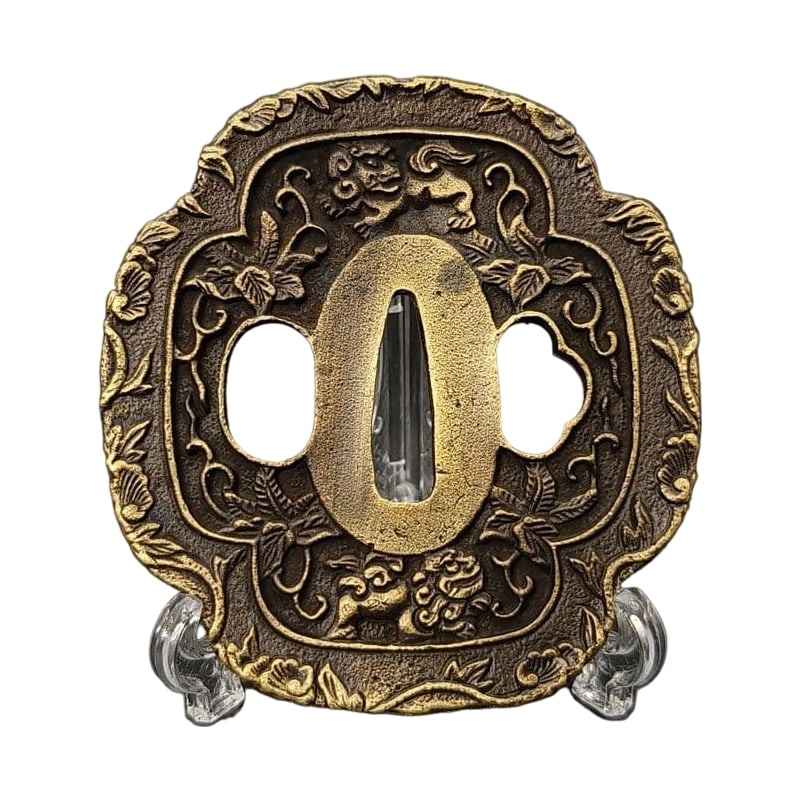 Tsuba with Lion and Arabesque Design, Alloy, Modern Piece: Tsuba with Lion and Arabesque Design, Alloy, Modern Material: Alloy, Weight: Approximately 100 grams, Thickness: Approximately 5 millimeters. The item is only the tsuba; the sword stand is for photogr