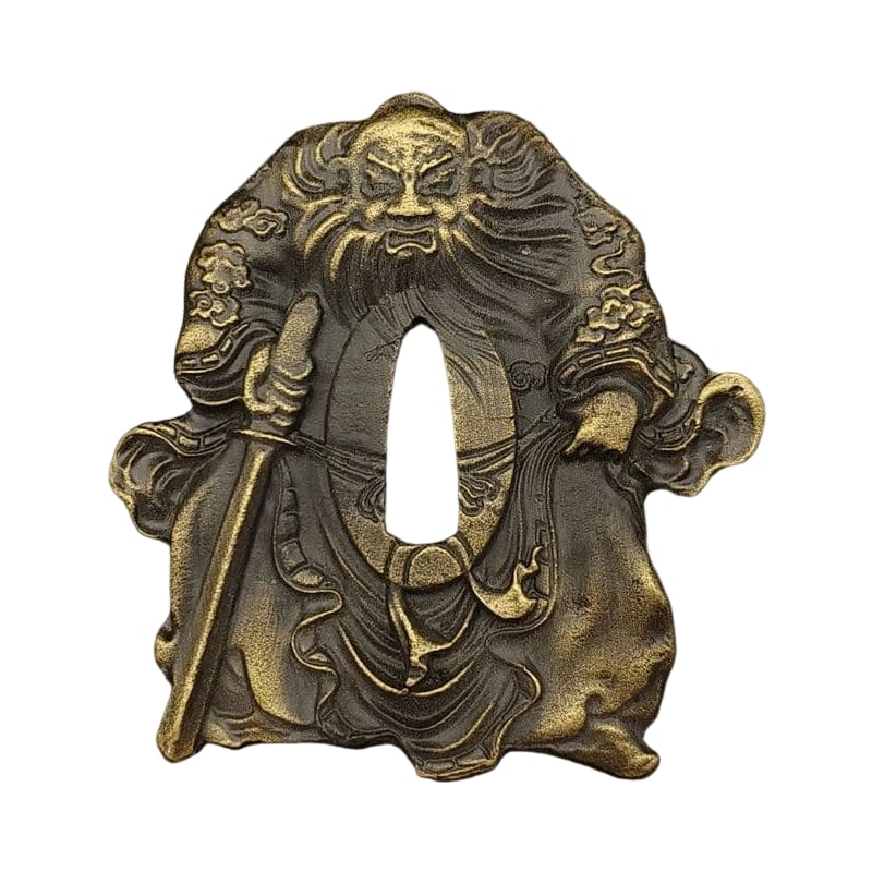 Tsuba depicting Zhong Kui, made of alloy, modern piece.: Tsuba with Shoki Motif, Alloy, Modern Material: Alloy. Weight: Approximately 105 grams. Thickness: Approximately 4 millimeters. The item is solely the tsuba; the sword stand is used for photography pu