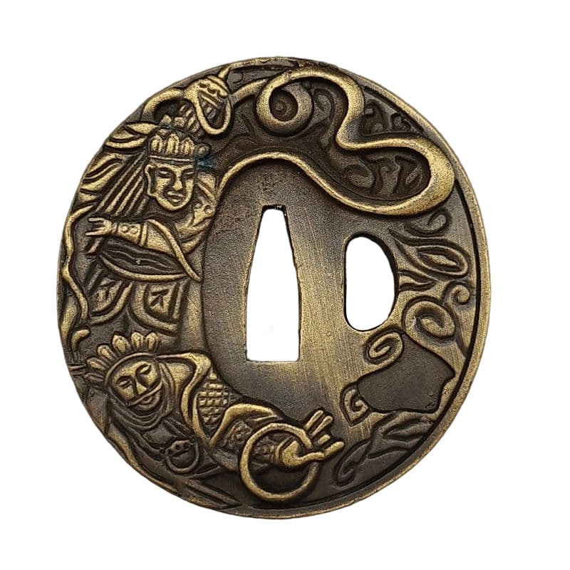 Tsuba depicting the Four Heavenly Kings, made of alloy, modern piece. Tsuba, sword guard, Japanese: Tsuba with Shitenno Motif, Alloy, Modern Piece Material: Alloy, Weight: Approximately 143 grams, Thickness: Approximately 4 millimeters. The item is only the tsuba; the sword stand is for photography 