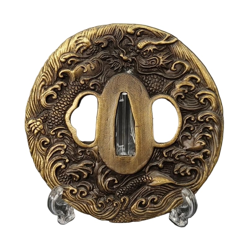 Tsuba with Sea Dragon Motif, Alloy, Modern Piece. Tsuba, Sword Guard, Japanese Sword Fittings.: Tsuba with Sea Dragon Motif, Alloy, Modern Piece Material: Alloy. Weight: Approximately 91 grams. Thickness: Approximately 4 millimeters. The item is only the tsuba; the sword stand is used for photog