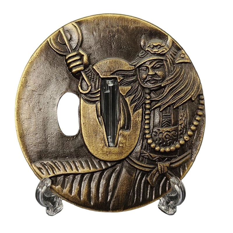 Tsuba with Warrior Motif, Alloy, Modern Piece. Tsuba, Sword Guard, Japanese Sword Fittings.: Tsuba with Warrior Motif, Alloy, Modern Piece Material: Alloy. Weight: Approximately 89 grams. Thickness: Approximately 4 millimeters. The item is only the tsuba; the sword stand is for photography pu