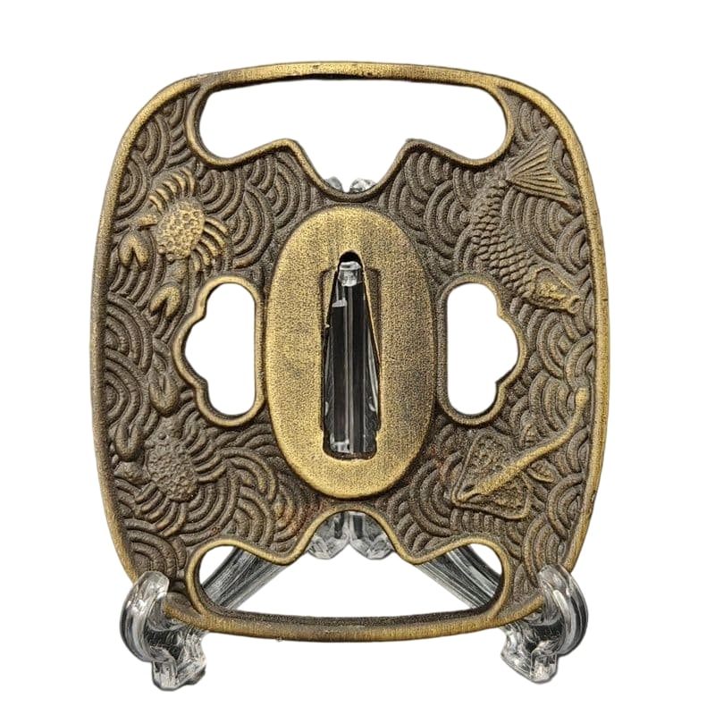 Tsuba with Aquatic Motif, Alloy, Modern Piece. Tsuba, Sword Guard, Japanese Sword Fittings.: Tsuba with Aquatic Motif, Alloy, Modern Piece Material: Alloy. Weight: Approximately 80 grams. Thickness: Approximately 5 millimeters. The item is solely the tsuba; the sword stand is used for photogr