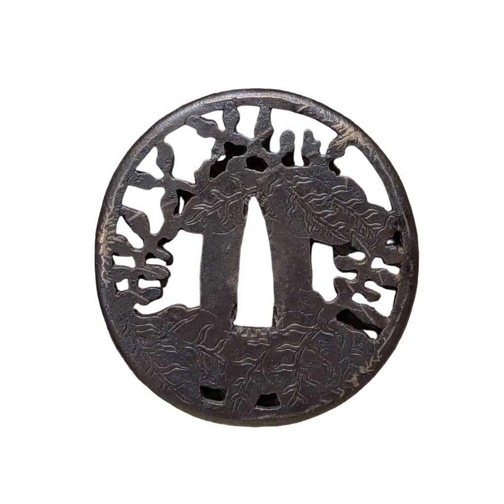 A set of three pierced paulownia tsuba, unsigned, later generation Higo school. Preserved sword: Unsigned Mitsuto Kiri Sukashi Tsuba, Later Generation Higo, with Preservation Sword Fittings Certificate and Box An unsigned Mitsuto Kiri Sukashi Tsuba, later generation Higo, accompanied by a preserv