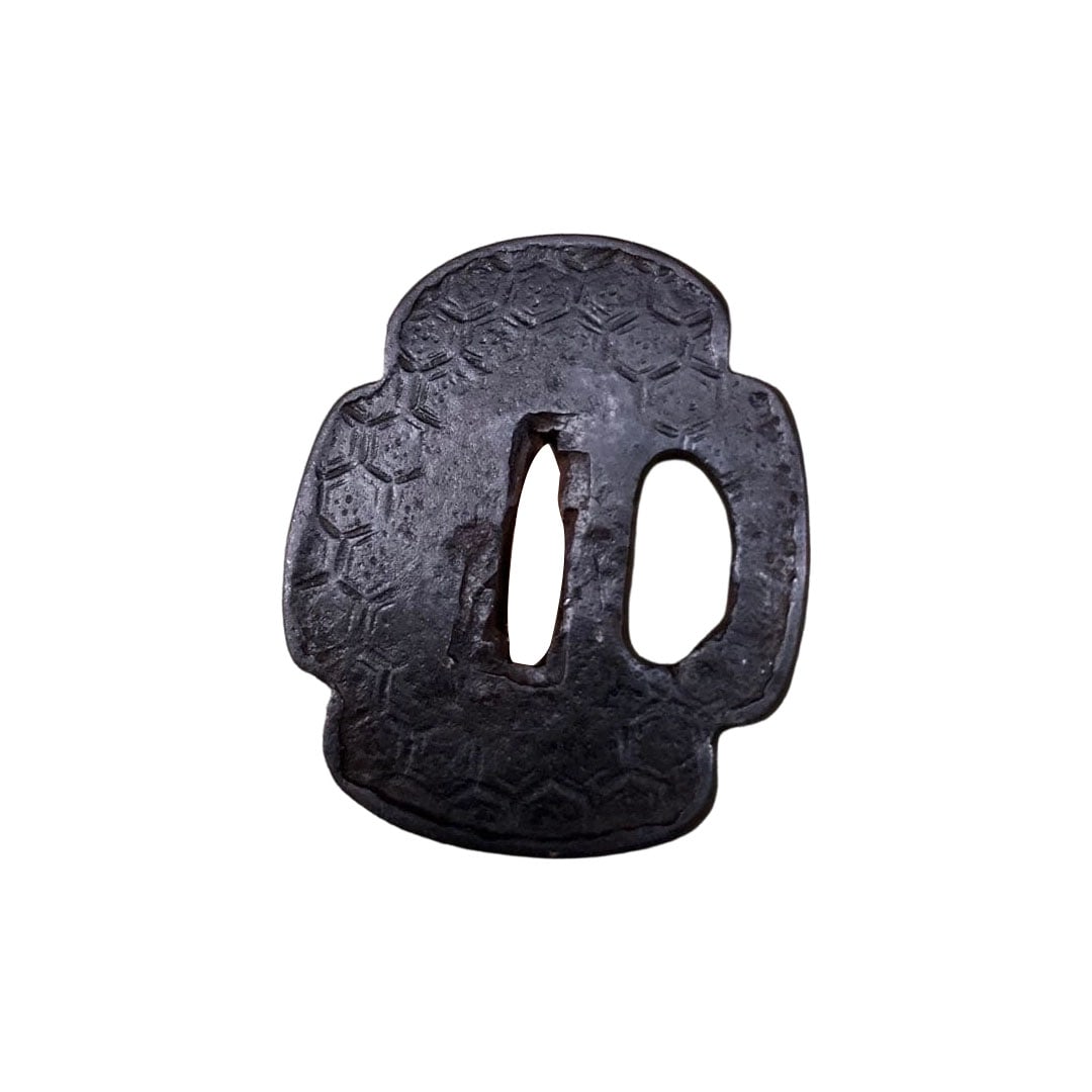 Iron Tsuba, Nobuie, Sword Fittings, Period Sword Fittings, Samurai, Antique, Vintage, With Box: Tsuba, Iron, Nobuie, Sword Fittings, Period Sword Fittings, Samurai, Antique, Vintage, With Box This is a tsuba used for a Japanese sword. It is inscribed with the mark "Nobuie." The tsuba is made of 
