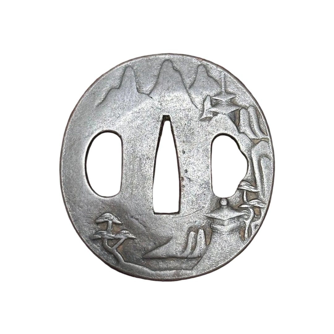 Iron Ground Landscape Design Circular Tsuba Sword Fitting Antique Art (1 of 12)