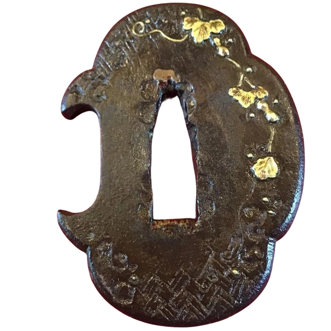 Iron Ground with Gold Inlay Gourd Pattern, Edo Period: Iron Ground with Gold Inlay Gourd Pattern, Edo Period This is an iron ground with gold inlay gourd pattern from the late Muromachi period. The dimensions are height 57 mm, width 41 mm, and thickness 5