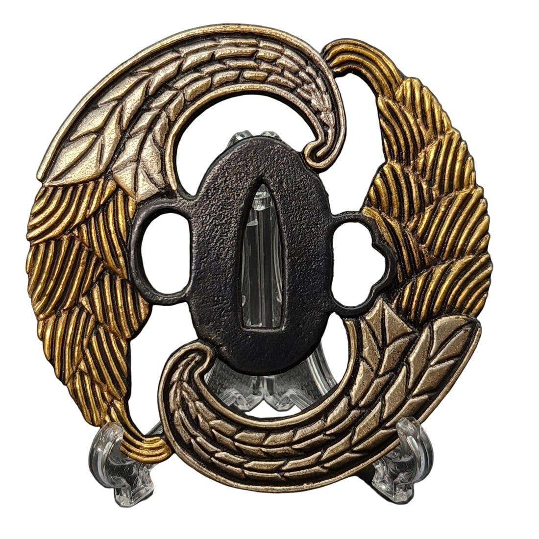Tsuba with Leaf Design, Bronze Base, Gold and Silver Plating, Openwork Carving: Tsuba with Leaf Design, Bronze Base, Gold and Silver Plating, Openwork Carving Material: Made of bronze, approximately 5mm in thickness, weighing approximately 127 grams. The item is only the tsuba; t