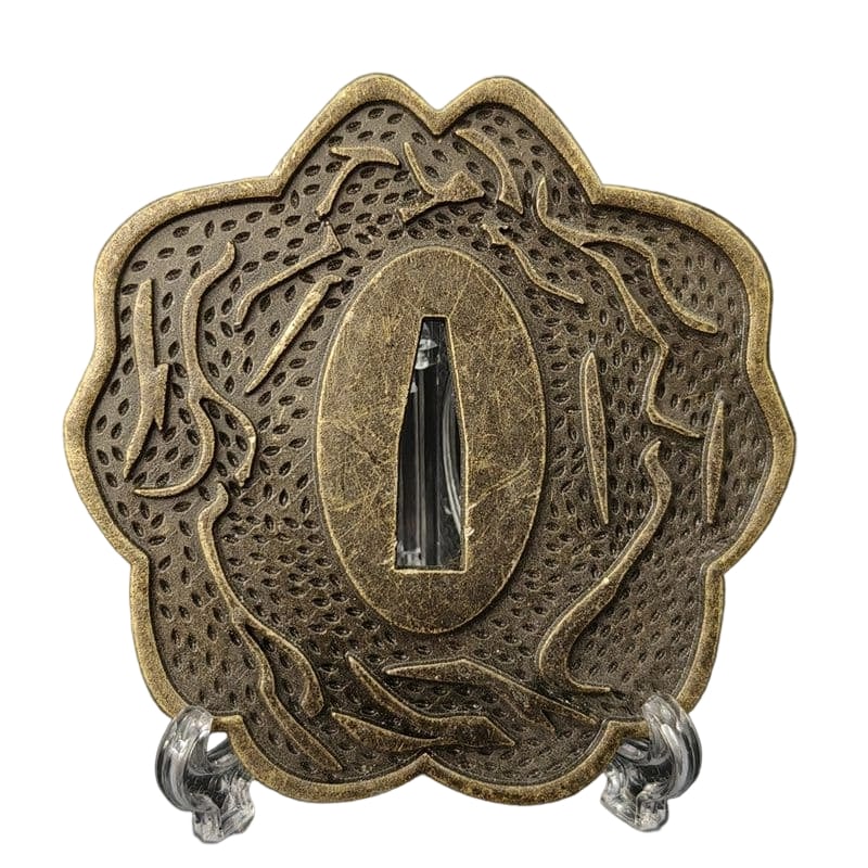 Tsuba with Cherry Blossom Design, Alloy, Modern Piece: Tsuba with Cherry Blossom Design, Alloy, Modern Piece Material: Alloy, Weight: Approximately 100 grams, Thickness: Approximately 5 millimeters. The item is only the tsuba; the sword stand is used for 