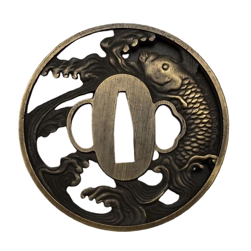 Tsuba with Fish Motif, Alloy, Modern Piece. Tsuba, Sword Guard, Japanese Sword Fittings.: Tsuba with Fish Motif, Alloy, Modern Piece Material: Alloy. Weight: Approximately 80 grams. Thickness: Approximately 4.6 millimeters. The item is only the tsuba; the sword stand is used for photograph