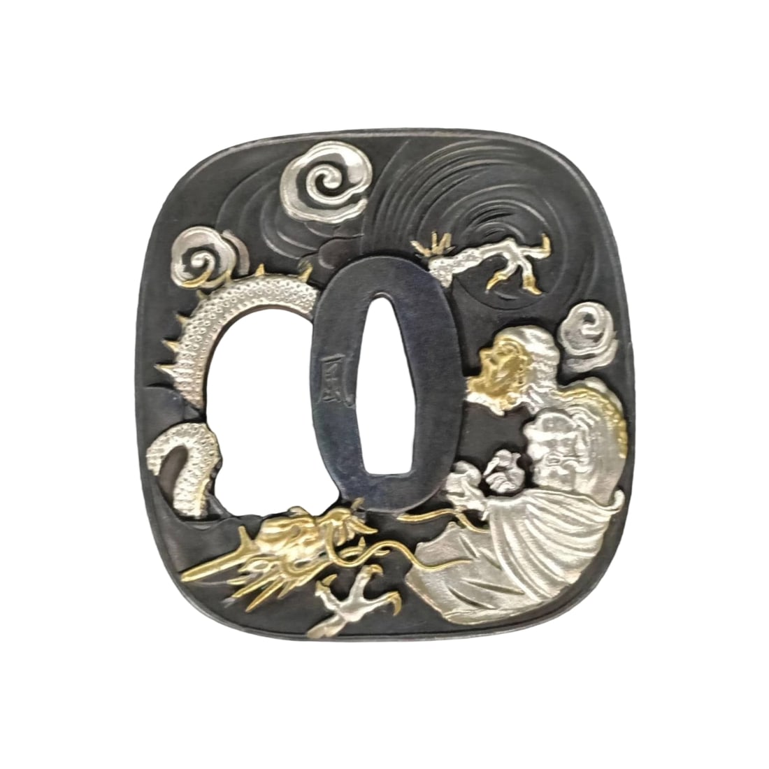 Tsuba with Dragon Descending Motif, Bronze Base with Gold and Silver Plating, Openwork Carving, (1 of 7)