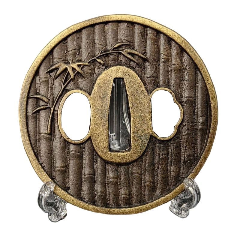 Tsuba with Bamboo Design, Alloy, Modern Piece. Tsuba, Sword Guard, Japanese Sword Fittings.: Tsuba with Bamboo Design, Alloy, Modern Piece Material: Alloy. Weight: Approximately 80 grams. Thickness: Approximately 4.5 millimeters. The item is solely the tsuba; the sword stand is for