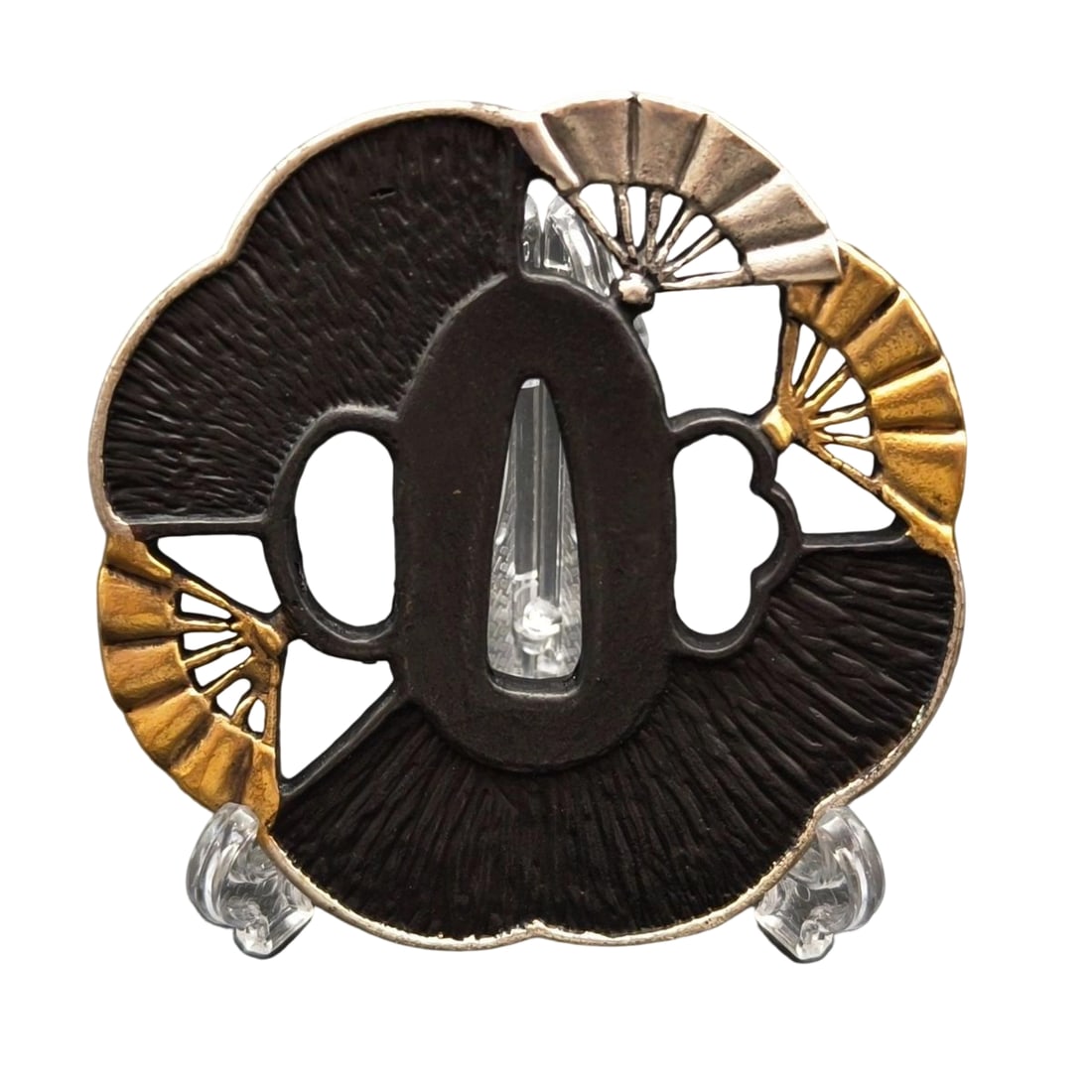 Tsuba with Design of Japanese Fans, Bronze Base with Gold and Silver Plating, Openwork Carving, (1 of 7)