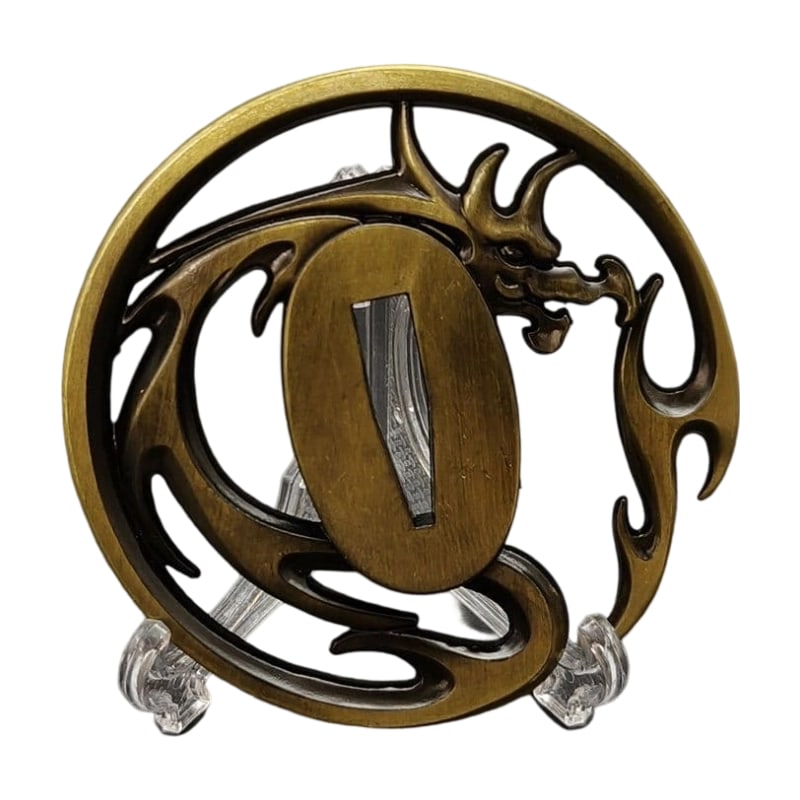 Tsuba with Dragon Motif, Alloy, Modern Piece. Tsuba, Sword Guard, Japanese Sword Fittings.: Tsuba with Dragon Motif, Alloy, Modern Piece Material: Alloy. Weight: Approximately 87 grams. Thickness: Approximately 6 millimeters. The item is only the tsuba; the sword stand is used for photograph