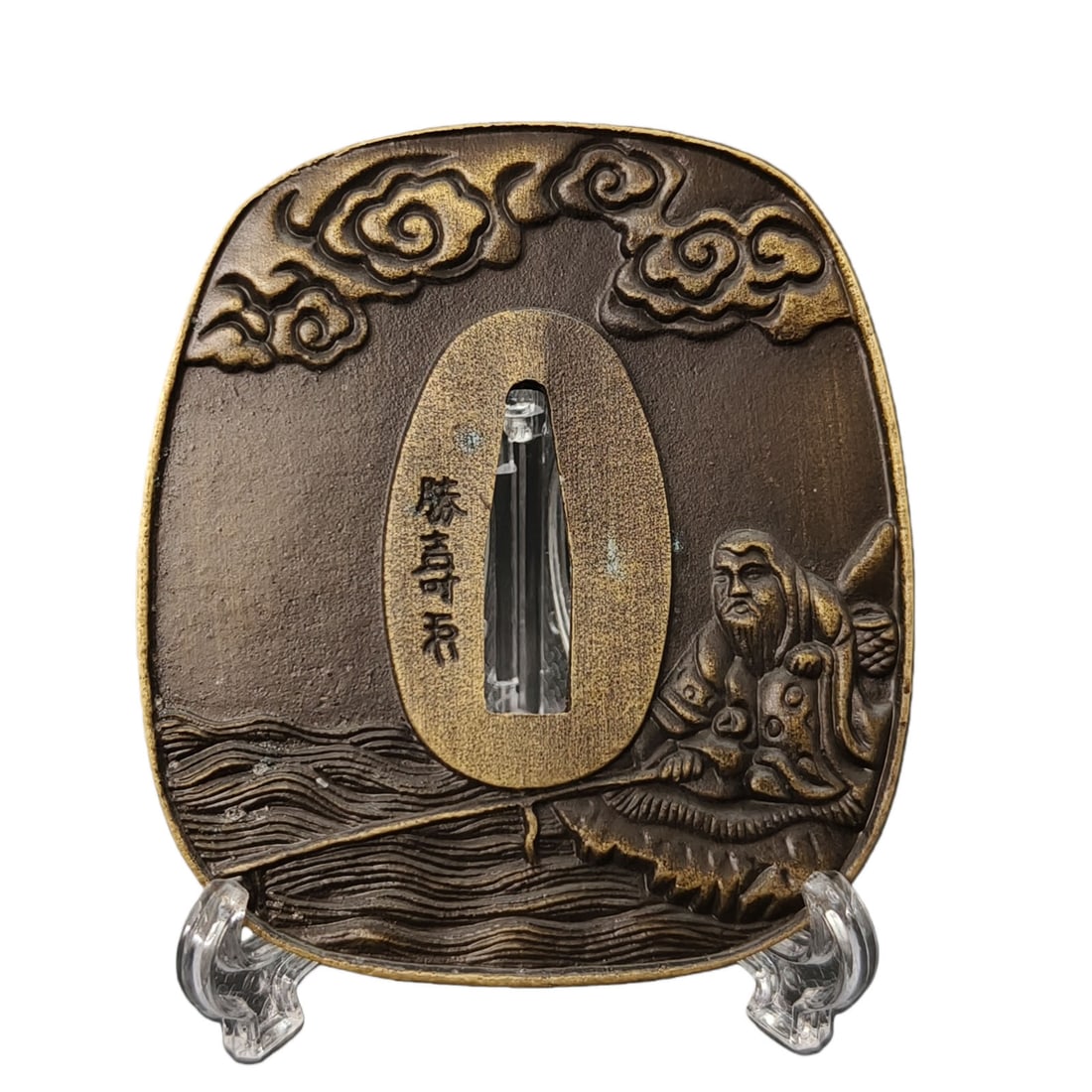 Tsuba with Fishing Scene, Alloy, Craftsmanship, Japanese Sword Fittings: Tsuba with Fishing Scene, Alloy, Japanese Sword Fitting Material: Alloy. Thickness: Approximately 5mm. Weight: Approximately 100g. The item is handcrafted.