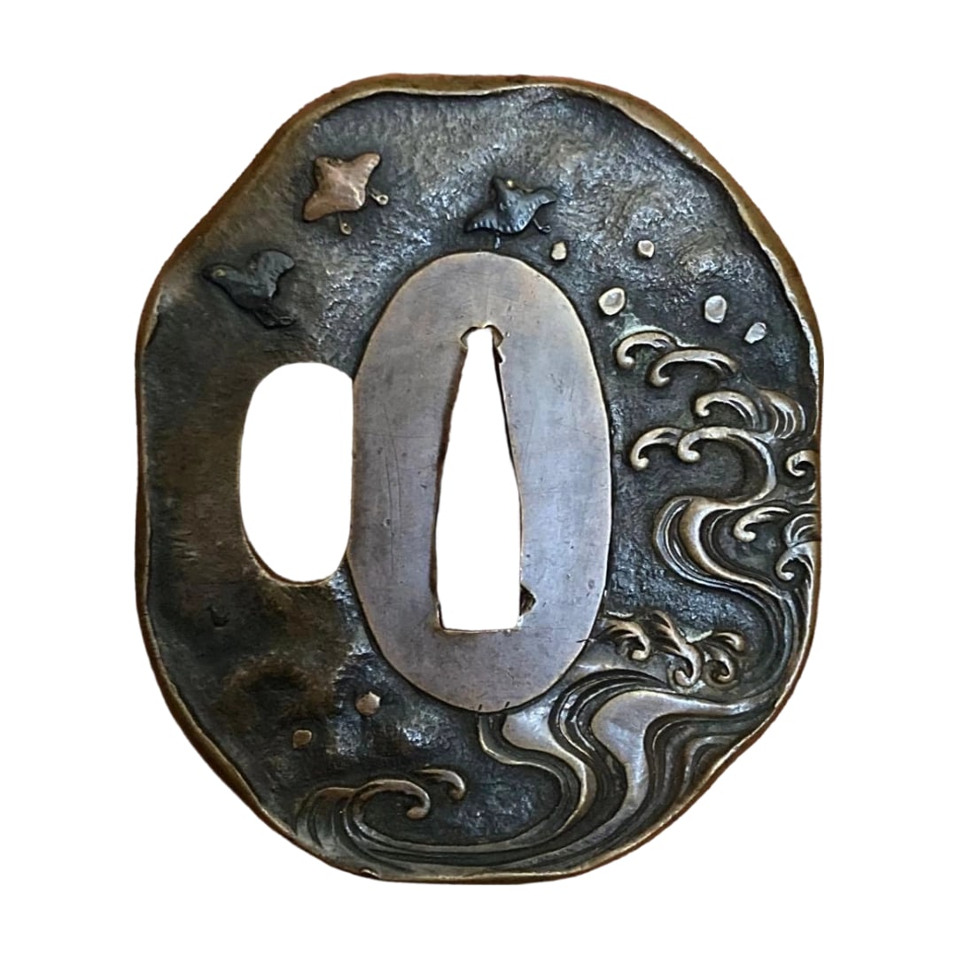 Sword fittings, signed Kano Natsuo , hilt (tsuka) with wave and plover (nami chidori) motif.: Sword and Sword Fittings, Inscribed by Kano Natsuo, Guard with Waves and Plovers Height 6.6 cm, Width 5.6 cm, Thickness 0.5 cm.