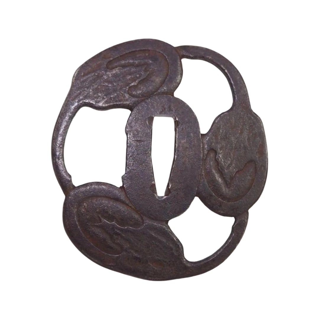 Edo Period, Eggplant-shaped Tsuba, Unsigned, Sword Fittings: Edo Period Eggplant-Shaped Tsuba, Unsigned Sword Fitting Approximately 0.4 cm in thickness, measuring approximately 8.4 x 7.5 cm, and weighing 111 grams. This is an eggplant-shaped tsuba from the Edo 