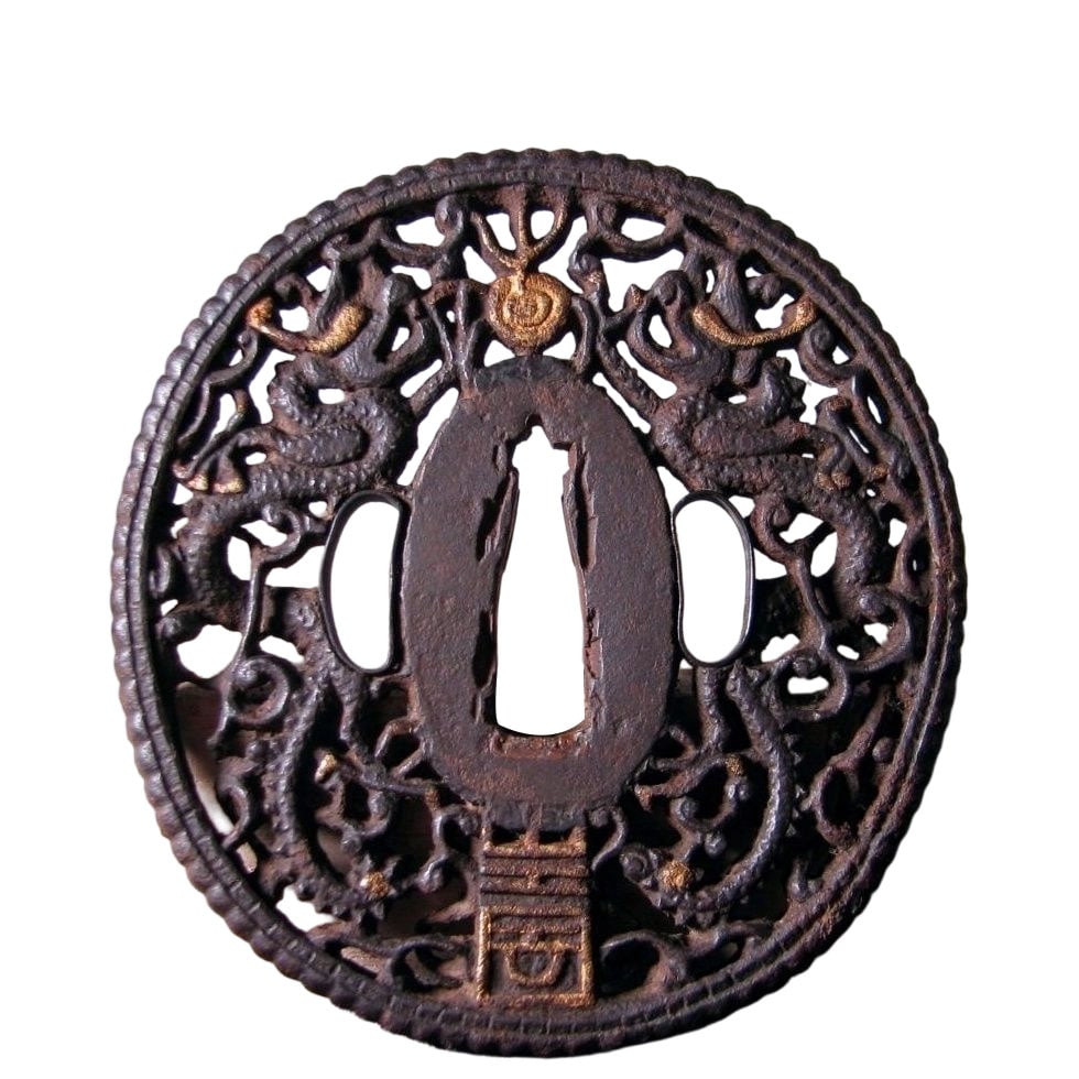 Edo Period Iron Nanban Openwork Tsuba with Double Dragon Design, Gilt Decoration, Accompanied by a (1 of 7)
