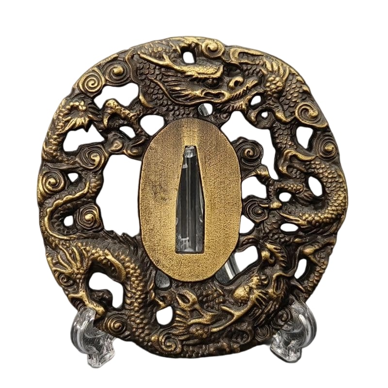 Tsuba with Twin Dragon Design, Alloy, Modern Piece. Tsuba, Sword Guard, Japanese Sword Fittings.: Tsuba with Twin Dragon Design, Alloy, Modern Piece Material: Alloy. Weight: Approximately 129 grams. Thickness: Approximately 5 millimeters. The item is only the tsuba; the sword stand is for photogra