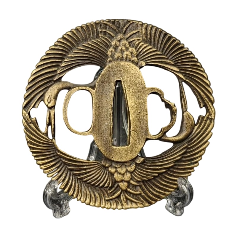 Tsuba with Twin Cranes Design, Alloy, Modern Piece. Tsuba, Sword Guard, Japanese Sword Fittings.: Tsuba with Twin Cranes Design, Alloy, Modern Piece Material: Alloy. Weight: Approximately 118 grams. Thickness: Approximately 6 millimeters. The item is only the tsuba; the sword stand is used for pho