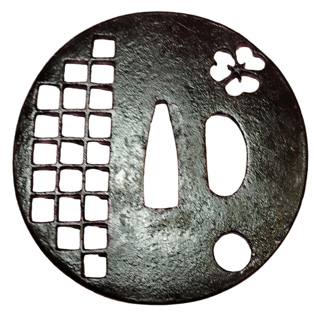 Sword Fittings: Tsuba, Iron Base, Lattice Design, Openwork with Three-Leaf Motif, Gold Inlay, (1 of 11)