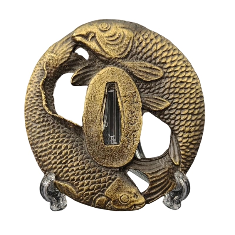 Tsuba with Twin Carp Design, Alloy, Modern Piece. Tsuba, Sword Guard, Japanese Sword Fittings.: Tsuba with Twin Carp Design, Alloy, Modern Piece Material: Alloy, Weight: Approximately 126 grams, Thickness: Approximately 6 millimeters. The item is only the tsuba; the sword stand is for photograph