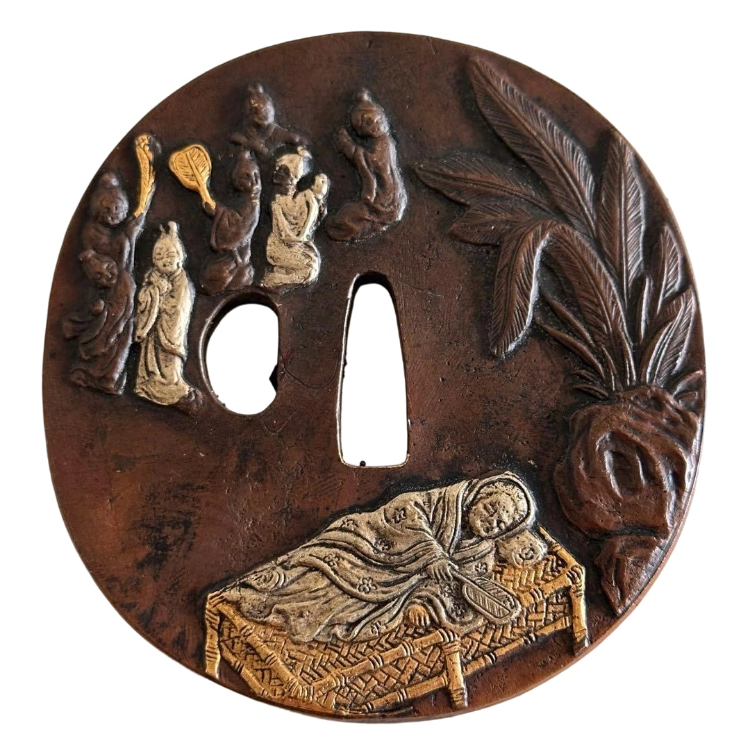 Tsuba with Sennin Motif, Bronze Base with Gold and Silver Inlay, Japanese Sword Fittings, Sword Art,: Tsuba with Immortal Design, Copper Base with Gold and Silver Inlay, Japanese Sword Fittings, Sword Art Tsuba There are scratches and stains. There may be omissions not mentioned in the description, bu