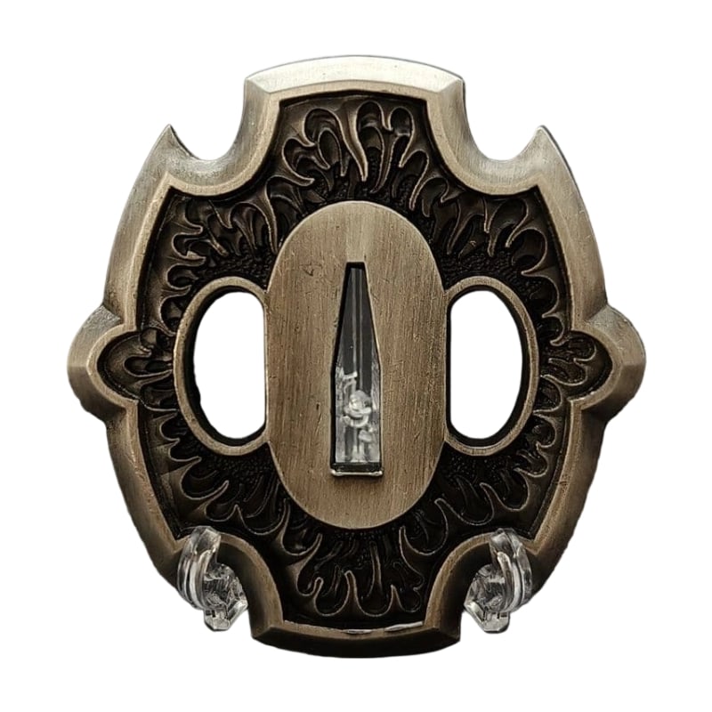 Tsuba with Flame Pattern, Alloy, Modern Piece. Tsuba, Sword Guard, Japanese Sword Fittings.: Tsuba with Flame Pattern Design, Alloy, Modern Piece Material: Alloy. Weight: Approximately 102 grams. Thickness: Approximately 6 millimeters. The item is only the tsuba; the sword stand is used for p