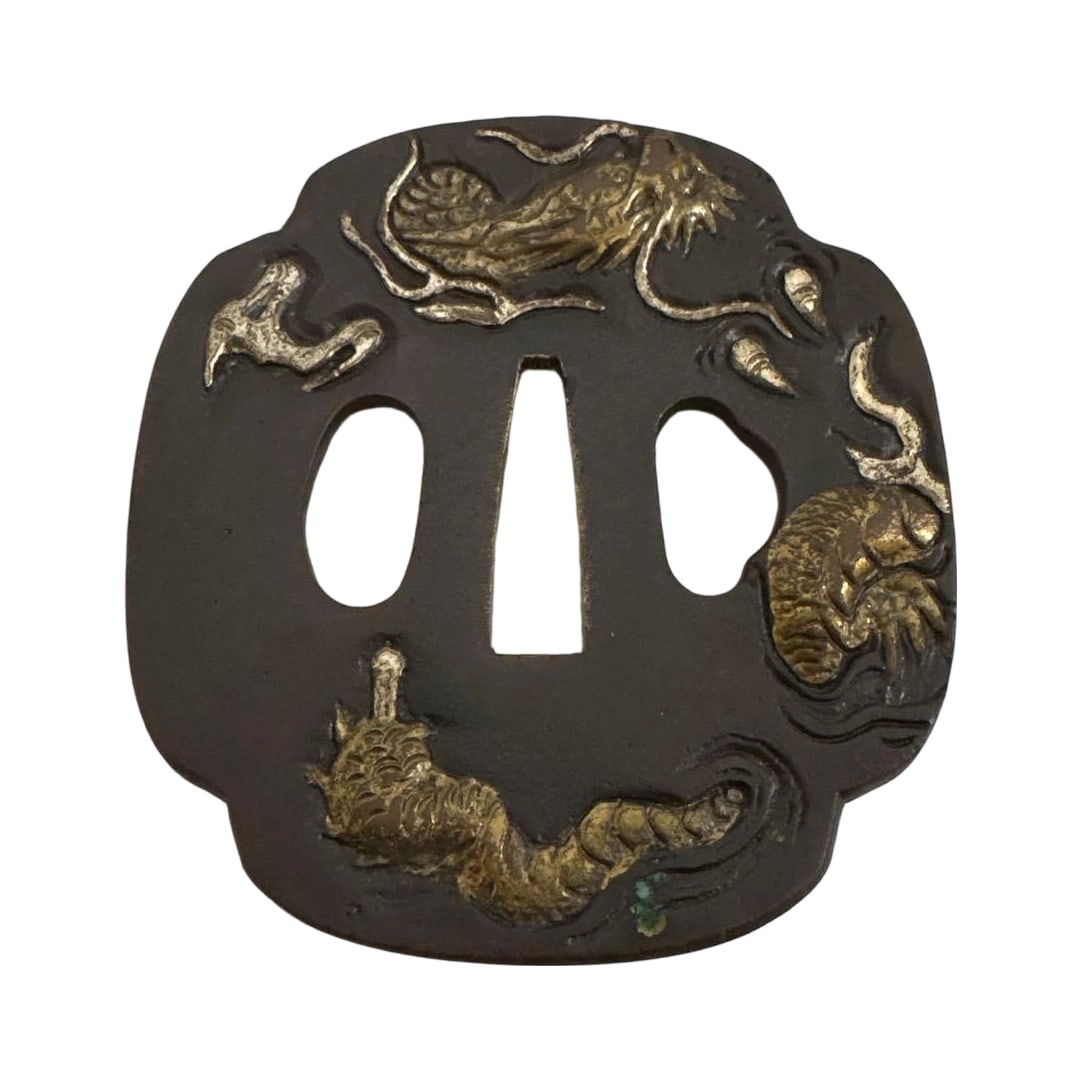 Tsuba, iron sword fitting, antique, dragon, high relief in the air. (1 of 8)
