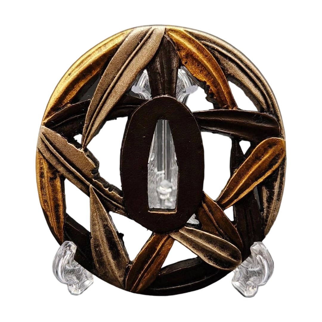 Tsuba with Bamboo and Sasa Design, Copper Base, Gilded with Gold and Silver, Japanese Sword: Tsuba with Bamboo and Sasa Design, Copper Base, Craftsmanship in Gold and Silver Plating, Japanese Sword Fittings Material: Copper. Weight: 105 grams. Thickness: 6 millimeters.