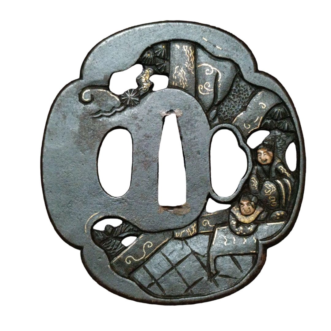 Iron Ground with Gold Inlay Openwork Tsuba Depicting Figures Japanese Sword Edo Period Antique (1 of 18)
